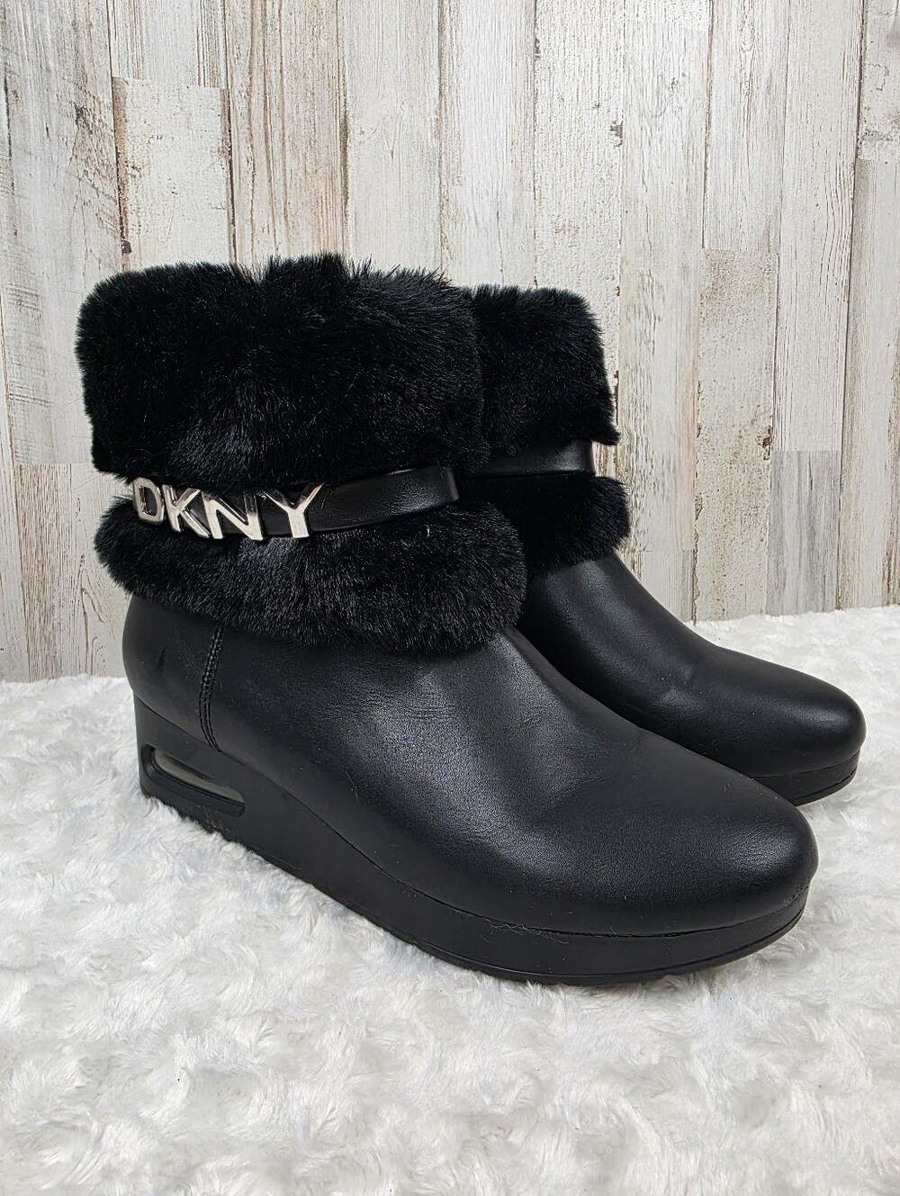 DKNY Women's Black Faux Fur Ankle Boots Size 8